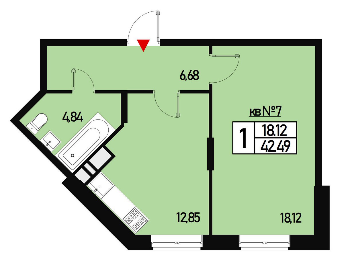 Однокомнатная квартира 42 м² №7 ул. Генерала Донскова, дом 23, корпус 1  купить по цене 4164020 от застройщика в ЖК Борисоглебское деревня Зверево